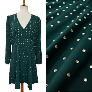 NWT Boston Proper Green Emerald Crystal Embellished V Neck A Line Dress Size 14